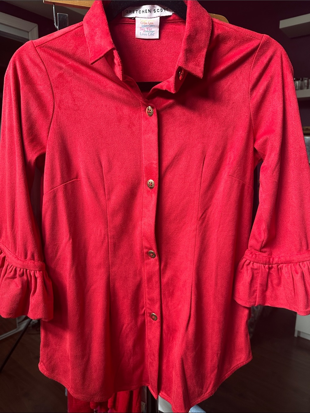 Gretchen Scott Designs Red Button-Down Ruffle Cuff Top